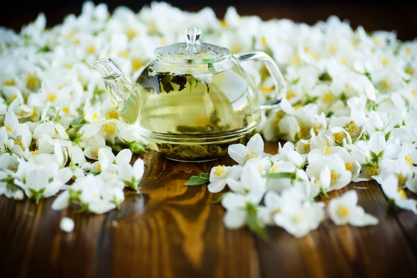 Tea Jasmine Flowers Glass Teapot Table — Stock Photo, Image