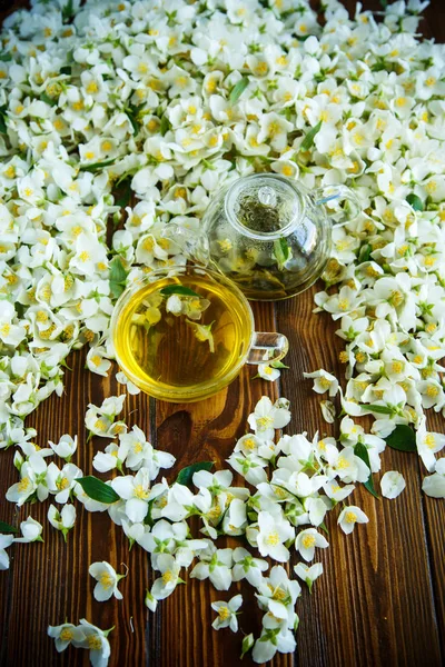 Tea Jasmine Flowers Glass Teapot Table — Stock Photo, Image