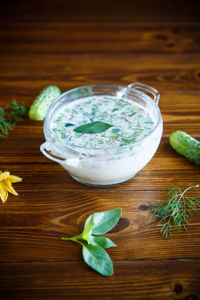 Холодний літній огірковий суп у тарілці — стокове фото