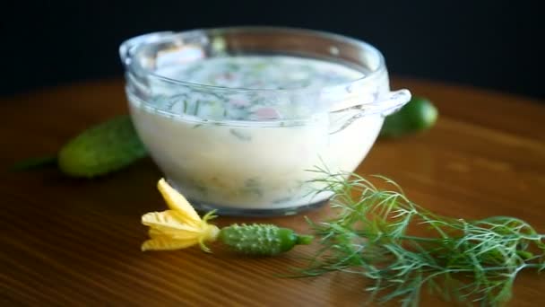 Kalte Sommer-Gurkensuppe im Teller — Stockvideo