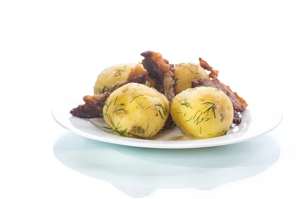 Potato young boiled with fried bacon — Stock Photo, Image