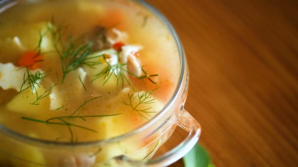 Куриный суп с домашней лапшой — стоковое видео