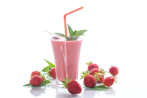 Strawberry Fresh Sweet Smoothies Glass White Background — Stock Photo, Image