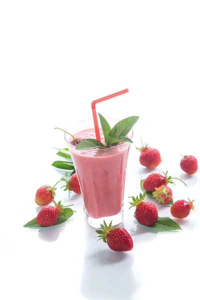Strawberry Fresh Sweet Smoothies Glass White Background — Stock Photo, Image