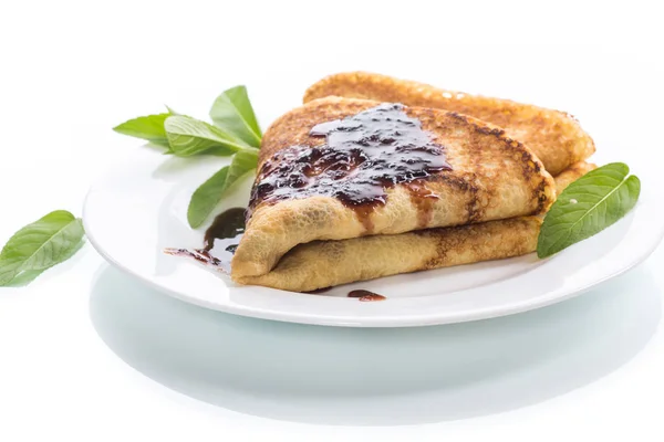 Stekt Pannkakor Tunna Vit Platta — Stockfoto