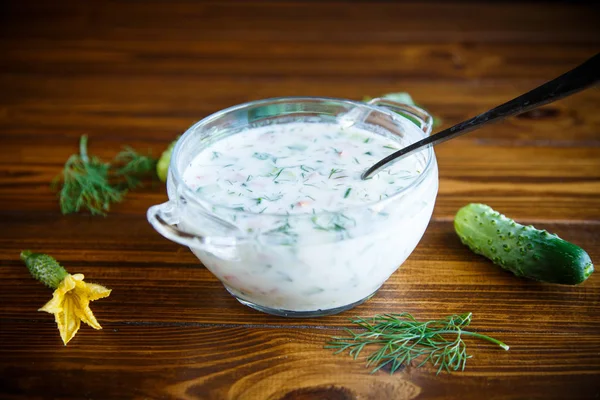 Sopa Pepino Verão Fria Uma Chapa Uma Mesa — Fotografia de Stock