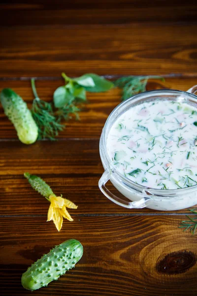 Kall Sommar Gurka Soppa Platta Ett Bord — Stockfoto