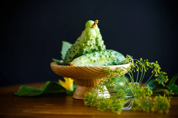 Fresh Green Cucumbers Wooden Table — Stock Photo, Image