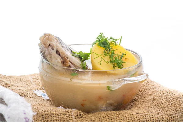 Soupe Aux Légumes Avec Poisson Dans Bol Verre Sur Fond — Photo