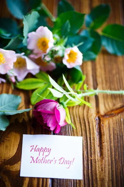 Gyönyörű virágzó rózsák és egy üdvözlő kártya, az anya — Stock Fotó