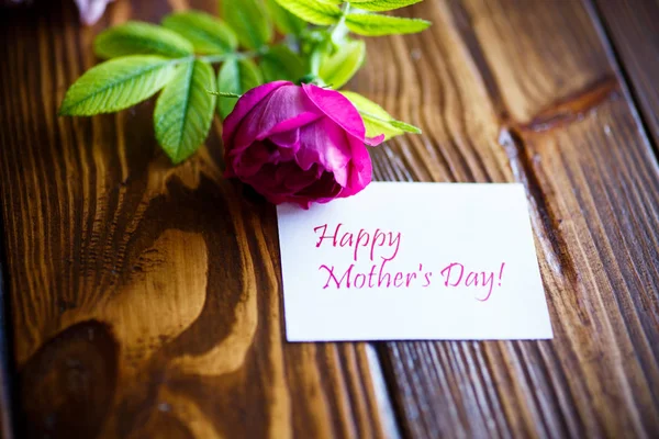 Schöne blühende Rosen und eine Grußkarte für die Mutter — Stockfoto