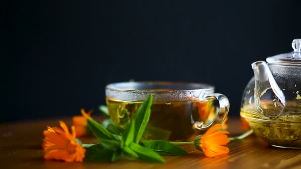Gyógyító friss forró teát egy csésze calendula virág — Stock videók