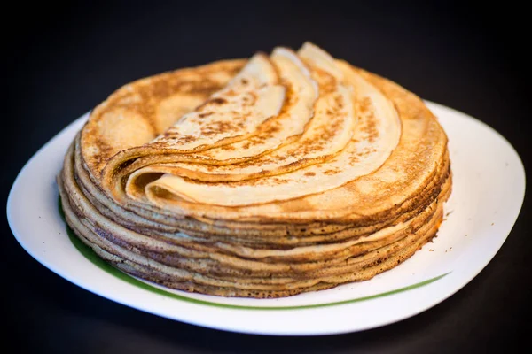 Big High Stack Thin Pancakes Plate Black Background — Stock Photo, Image