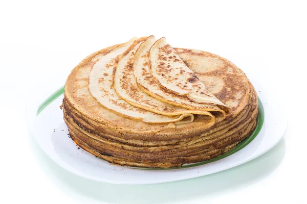 Big High Stack Thin Pancakes Plate White Background — Stock Photo, Image