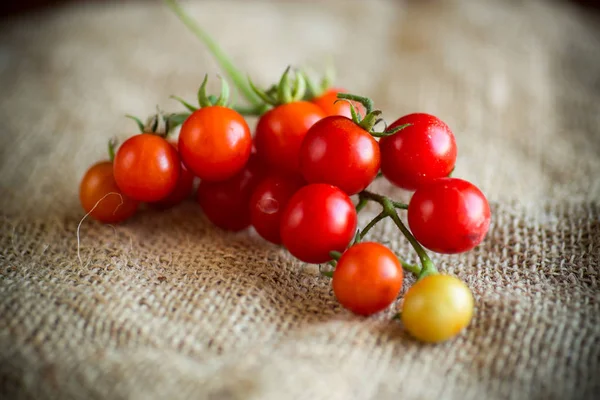Pequenos Tomates Cereja Vermelhos Maduros Ramo Uma Mesa — Fotografia de Stock