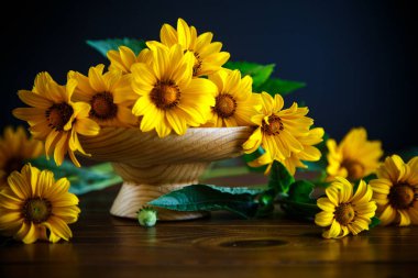 siyah bir zemin üzerine sarı büyük papatya buketi