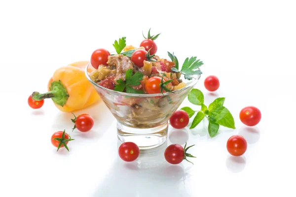 Insalata Calda Melanzane Forno Peperoni Con Pomodorini Una Ciotola Vetro — Foto Stock