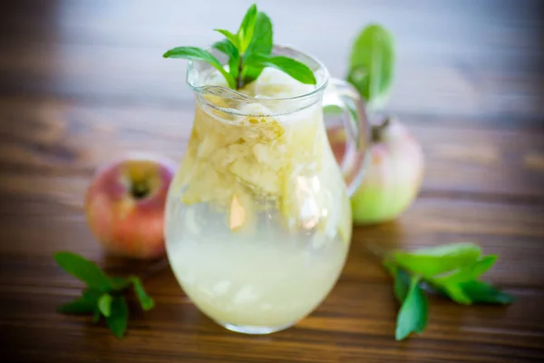 Summer Sweet Cold Compote Fresh Apples Sprig Mint Glass Decanter — Stock Photo, Image