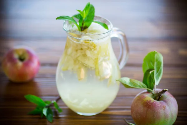 Summer Sweet Cold Compote Fresh Apples Sprig Mint Glass Decanter — Stock Photo, Image