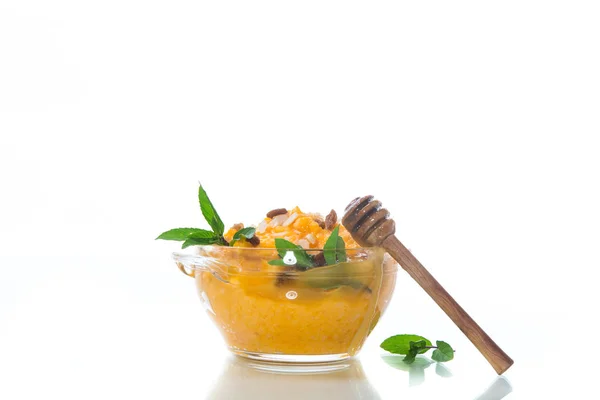 Boiled Sweet Pumpkin Porridge Raisins Nuts Glass Bowl White Background — Stock Photo, Image