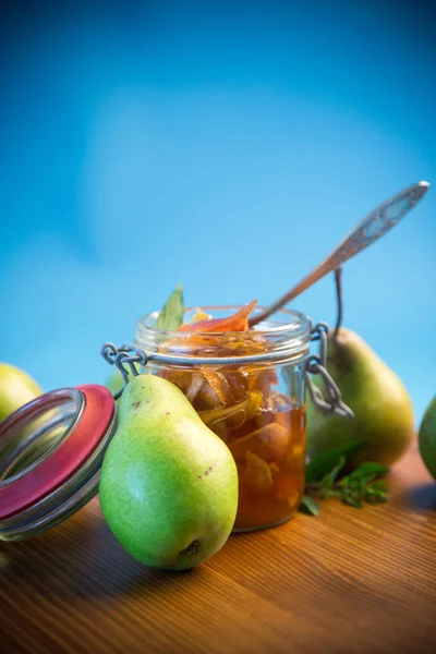 Sweet Fruit Jam Apples Pears Glass Jar Blue Background — Stock Photo, Image