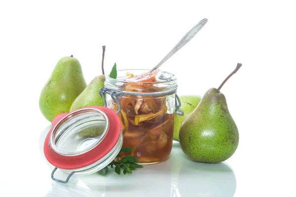 Süße Fruchtmarmelade Mit Äpfeln Und Birnen Einem Glas Auf Weißem — Stockfoto