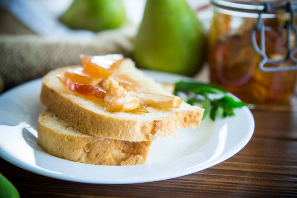 Pieces Bread Sweet Home Made Fruit Jam Pears Apples Plate — Stock Photo, Image