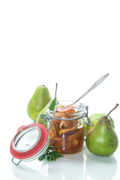 Confiture Fruits Sucrés Aux Pommes Aux Poires Dans Bocal Verre — Photo