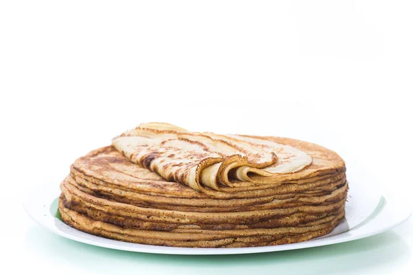 Big High Stack Thin Pancakes Plate White Background — Stock Photo, Image