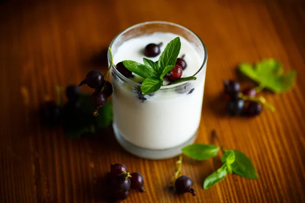 Zoete Zelfgemaakte Yoghurt Met Zwarte Bessen Een Glas Houten Achtergrond — Stockfoto