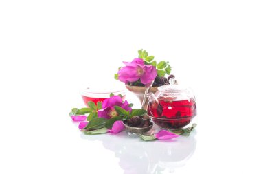 rose hips çiçekli Beyaz zemin üzerine nane ile yapılan çay