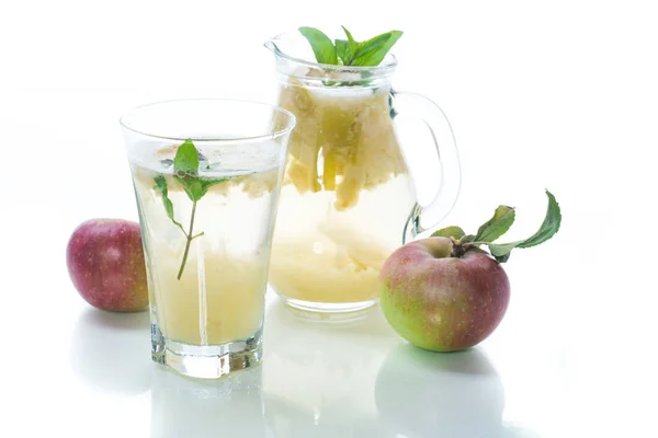 Summer Sweet Cold Compote Fresh Apples Sprig Mint Glass Decanter — Stock Photo, Image