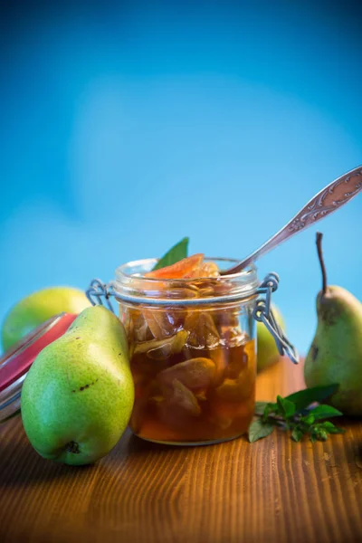 Sweet Fruit Jam Apples Pears Glass Jar Blue Background — Stock Photo, Image