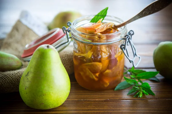 Zoete Vruchten Jam Met Appels Peren Een Glazen Pot Een Stockfoto