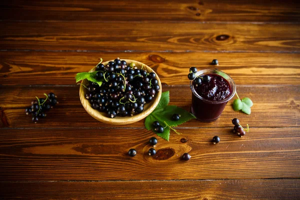 Sweet Jam Black Currant Berries Wooden Table — Stock Photo, Image