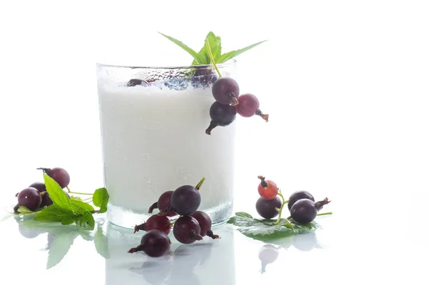 Sweet Homemade Yogurt Black Currant Glass White Background — Stock Photo, Image