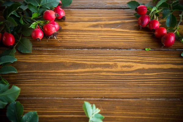 木桌上树枝上成熟的红石楠浆果 — 图库照片