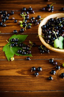 ahşap bir masa üzerinde olgunlaşmış ham meyveleri siyah kuş üzümü