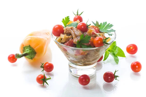 Une Salade Chaude Aubergines Cuites Four Poivrons Aux Tomates Cerises — Photo