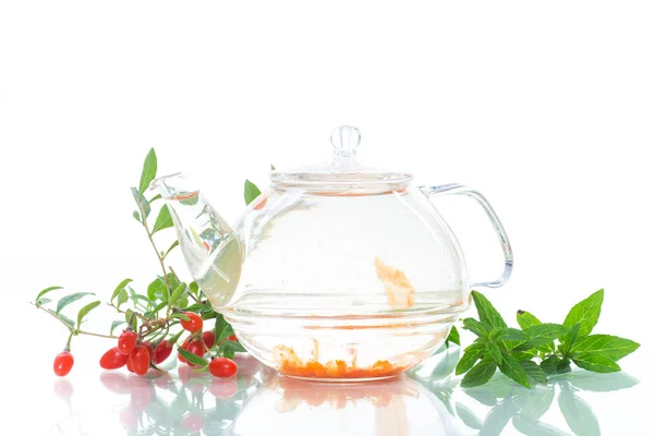 Hot Tea Ripe Red Goji Berries Glass Teapot Isolated White — Stock Photo, Image