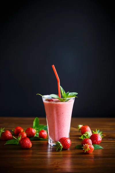 Strawberry Fresh Sweet Smoothies Glass Table — Stock Photo, Image