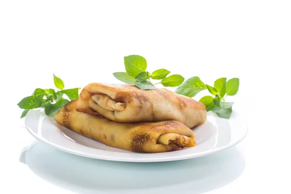 Fried Thin Pancakes Stuffed White Background — Stock Photo, Image