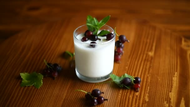 Sweet homemade yogurt with black currant — Stock Video