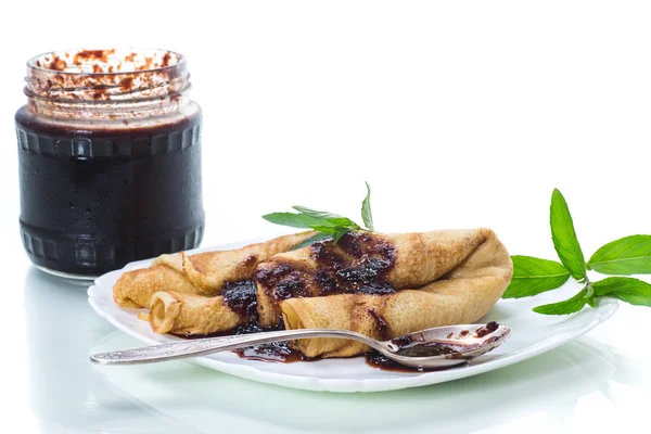 Thin Fried Pancakes Stuffed Jam Plate Isolated White Background — Stock Photo, Image