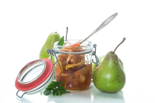 Süße Fruchtmarmelade Mit Äpfeln Und Birnen Einem Glas Auf Weißem — Stockfoto