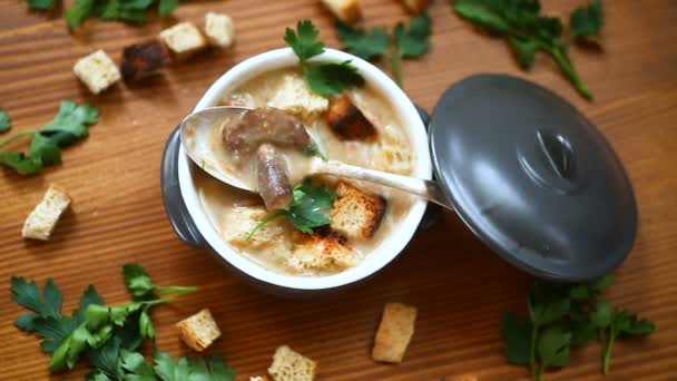 Purê de sopa com cogumelos e croutons em uma tigela — Vídeo de Stock