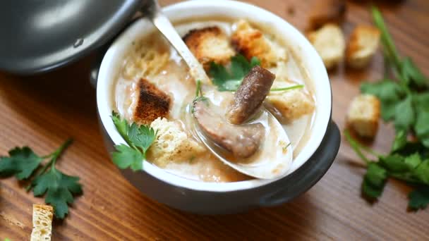 Puré de sopa con champiñones y croutons en un tazón — Vídeo de stock