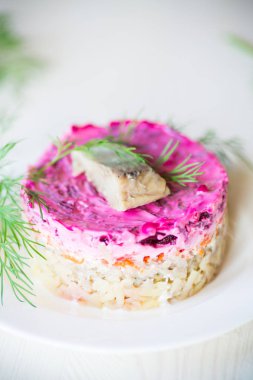 Pancar ve yeşillikleri ile bir tabakta ringa balığı ile haşlanmış sebze salata katmanlı