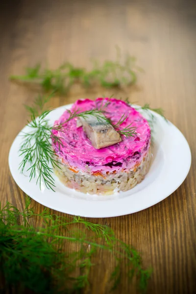 Layered Salad Boiled Vegetables Beets Herring Plate Greens — Stock Photo, Image