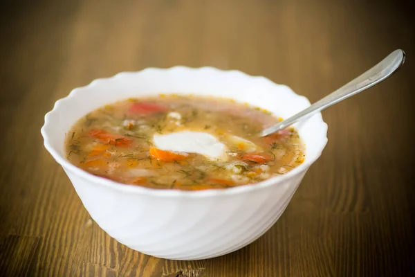 Sopa Verduras Con Albóndigas Pimienta Plato Sobre Mesa — Foto de Stock